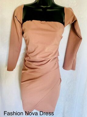 Fashion Nova Rose Taupe Off-Shoulder Long Sleeve Bodycon Dress